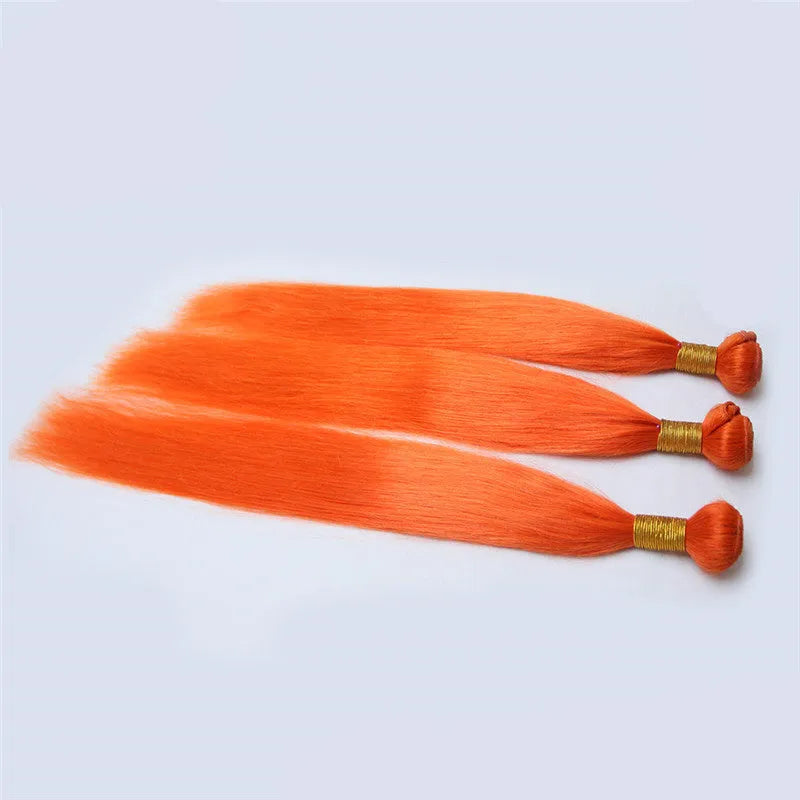 Orange red 100% human hair curtain with ST curvature texture on a display stand