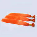 Orange red 100% human hair curtain with ST curvature texture on a display stand