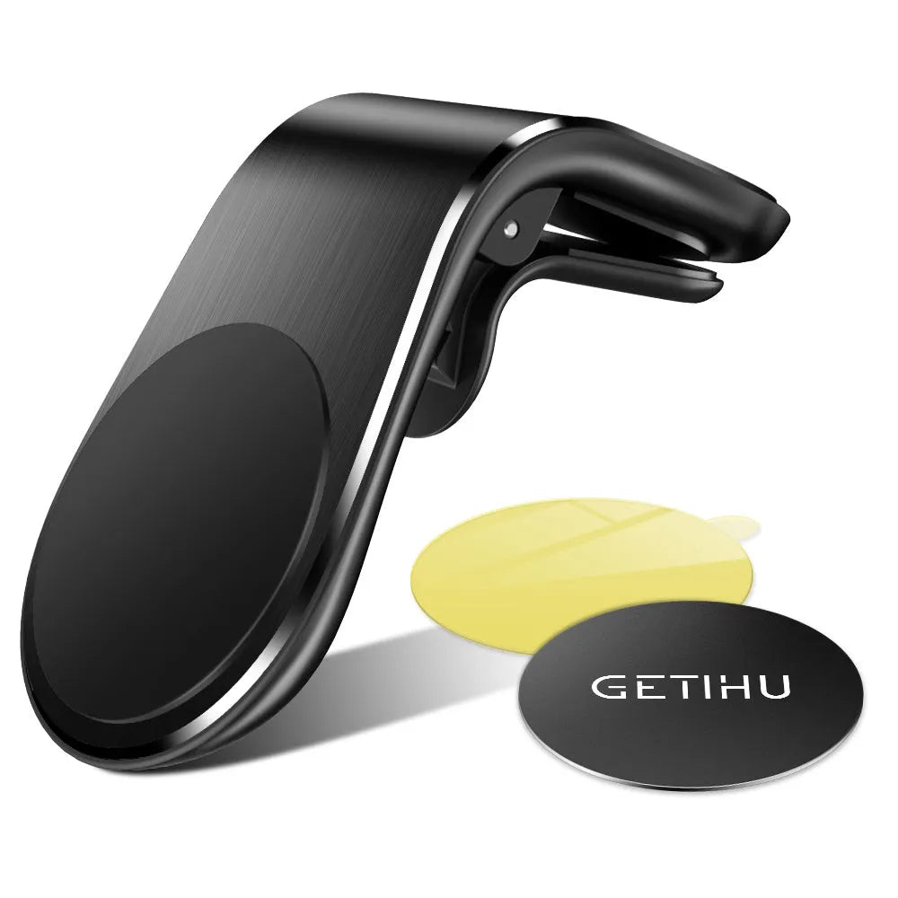Car bracket phone holder with sticky gel pad in black mounted on car dashboard, universal fit for smartphones