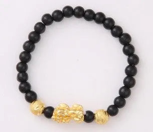 Imitation obsidian 18K gold bracelet with six brave words and little pearl on hand