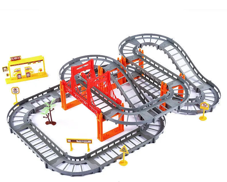 Electric high-speed rail toy set in grey on a surface showing train on track, packed size 30.5 x 8 x 22cm