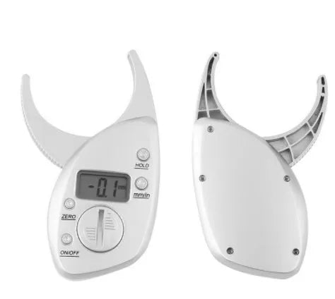 Digital body fat caliper with LCD display, anti-slip handle, and ABS plastic body on a white background
