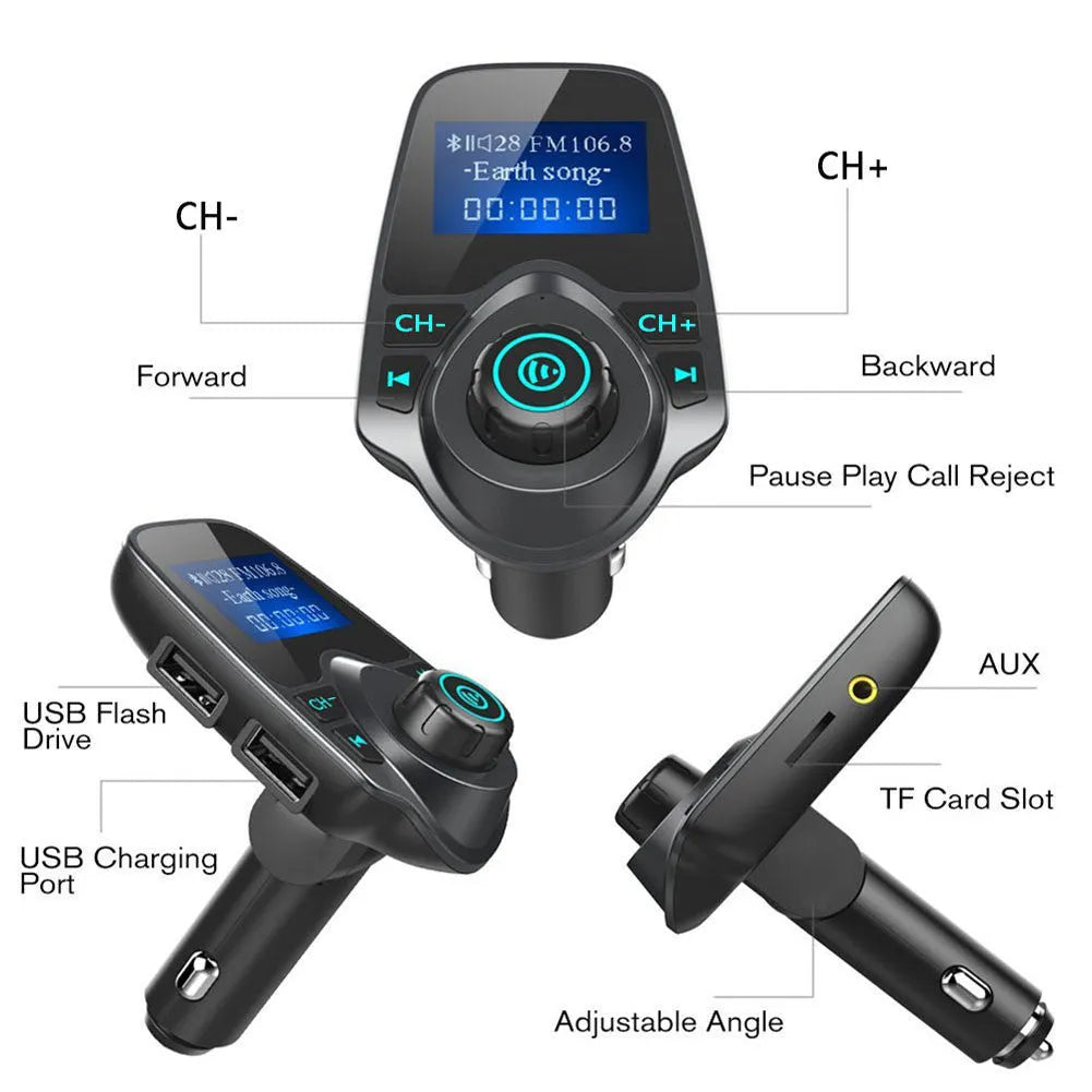 Car FM transmitter with Bluetooth and AUX, 1.3-inch monochrome screen, ABS plastic body