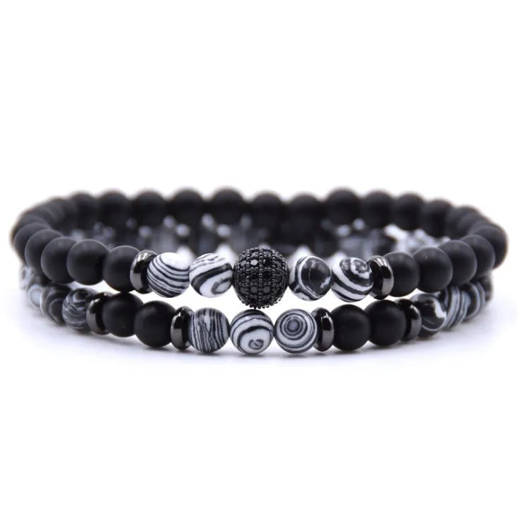 Micro-inlaid zircon 6mm natural stone beaded bracelet with elastic line, 19cm length, 24g weight