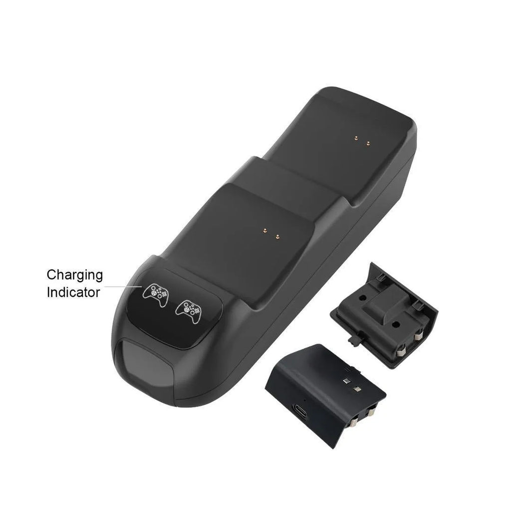 Black Xbox Series X twin controller charging dock with LED lights, showing two controllers on charge.