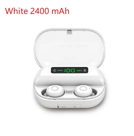 V11 Bluetooth true wireless earbuds in charging case with digital display, black and white options