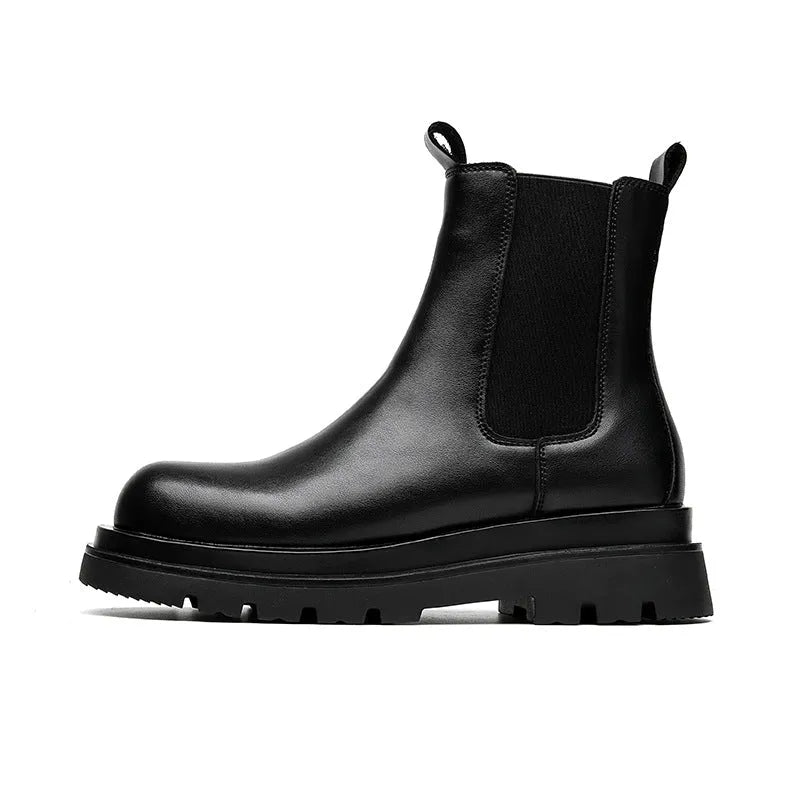 Chelsea men's high-top smoke pipe British Martin boots in Y666 black artificial PU leather with round toe and rubber sole.