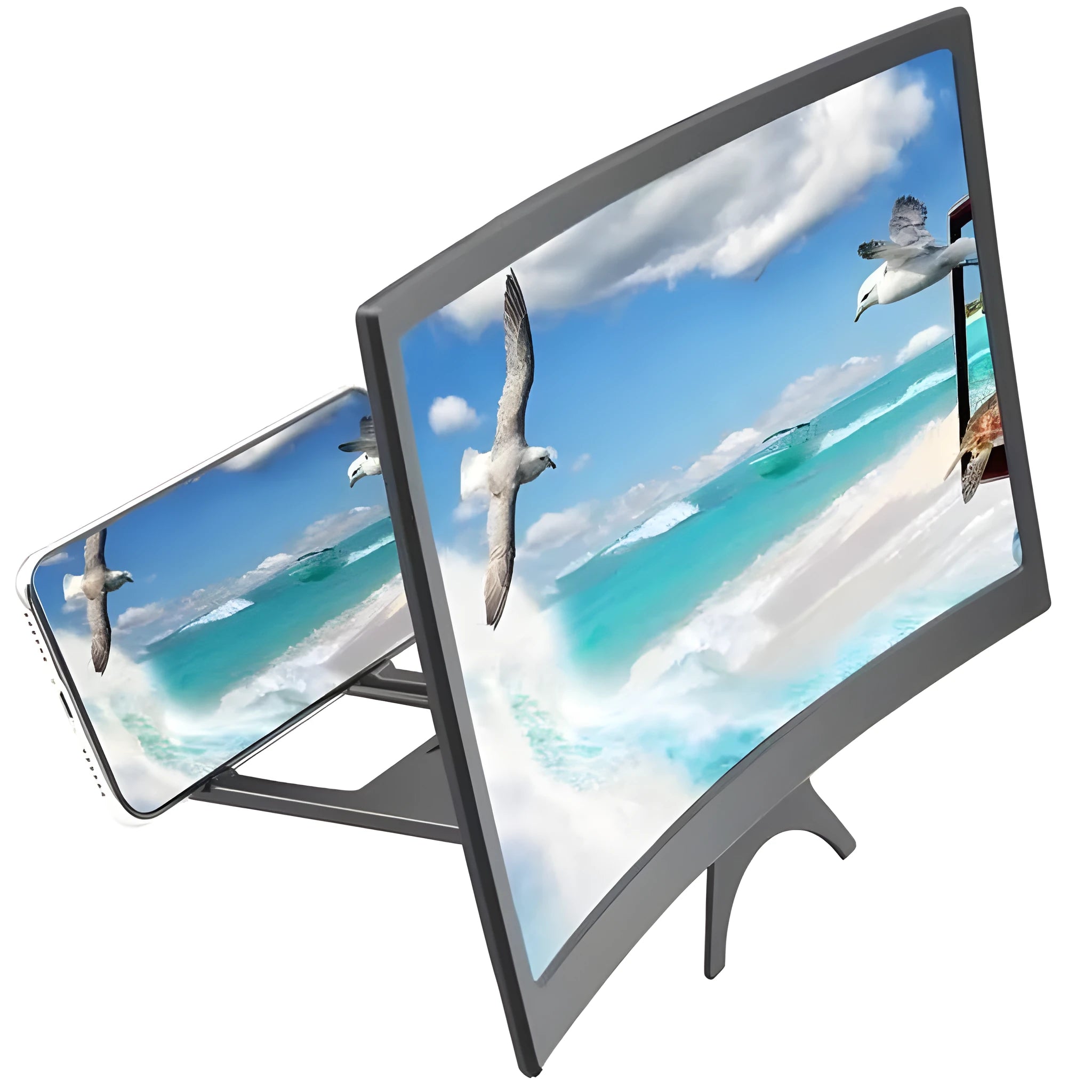 12 inch mobile screen magnifier with curved arc frame holding a phone in anti-slip slot on a desk