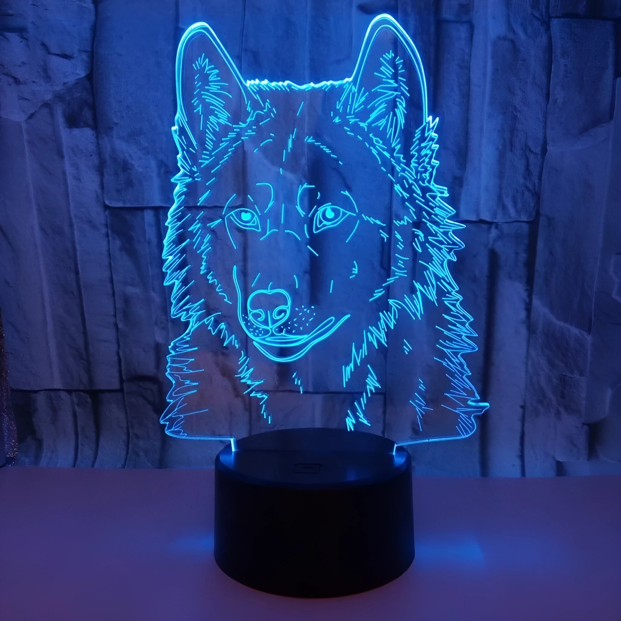 Wolf 3D lamp night light with touch and remote control, 3W LED USB powered, decorative base 87x87x42mm