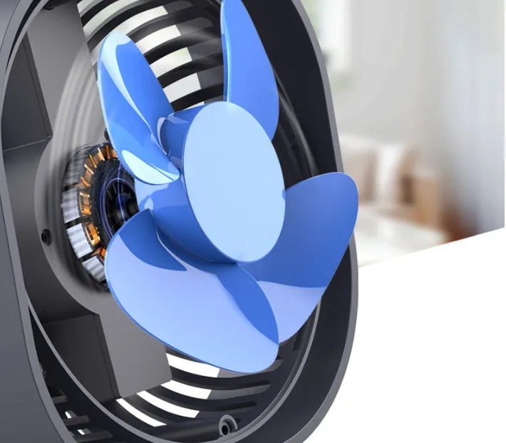 USB desk fan with 360-degree rotation in modern alarm clock design