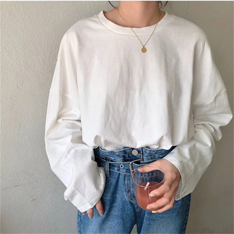 Loose and lazy style long-sleeved top in solid colour polyester pullover for commute