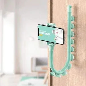 Black flexible rubber phone holder with suction cup base bent into an L-shape