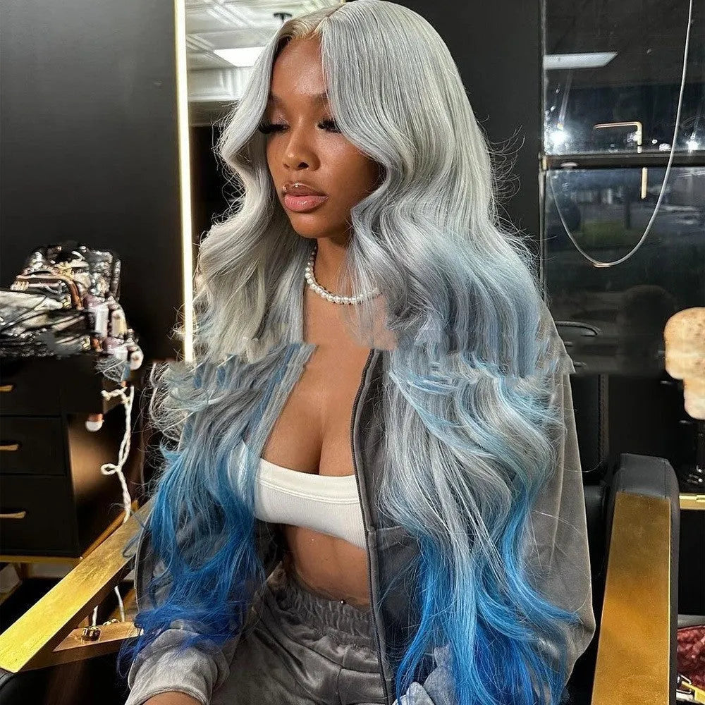 Gradient grey blue lace front wig with transparent lace and human hair material in Ruli style