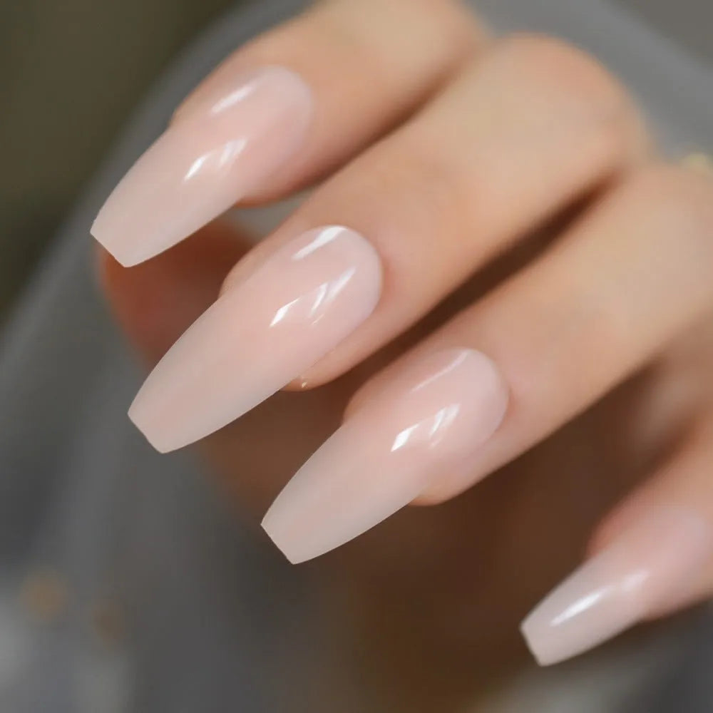 Nude extra long fake nails 24 pcs with glossy UV gel cover in three colours including dark purple, khaki, and light purple