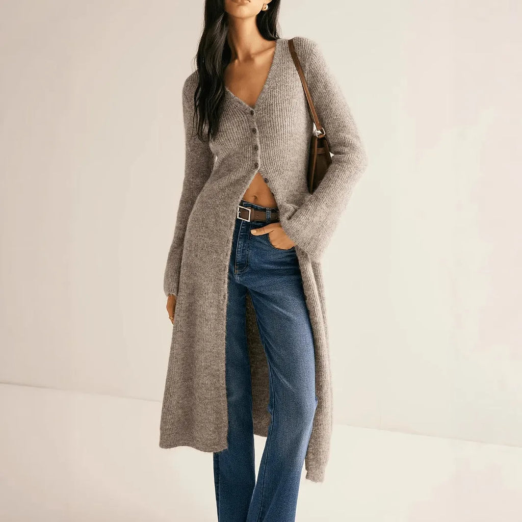 Khaki French style long sleeve cardigan coat with button front closure