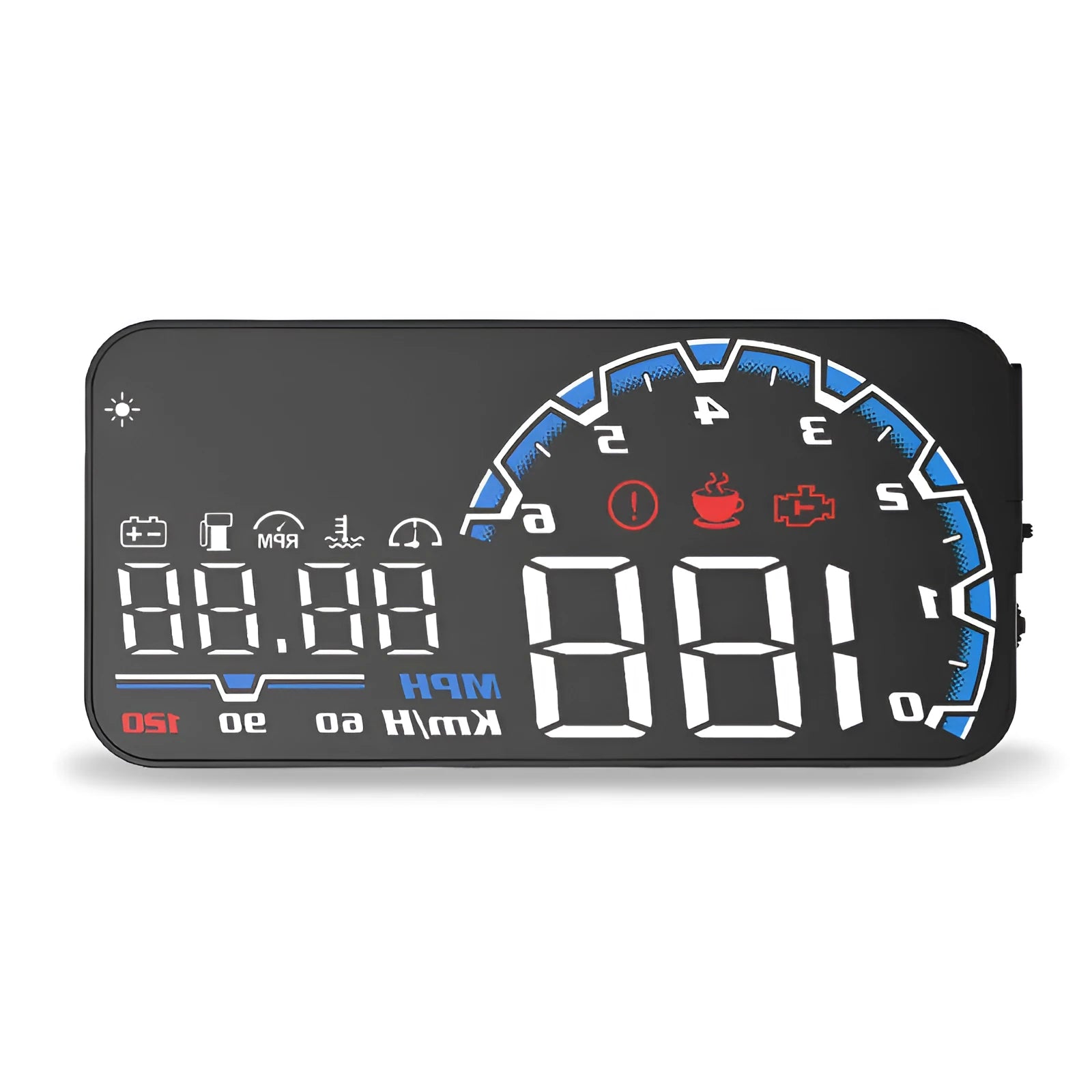 Car head-up display with 5.0-inch LED screen, OBDII compatible, black PC+ABS housing, 128x63x12mm size