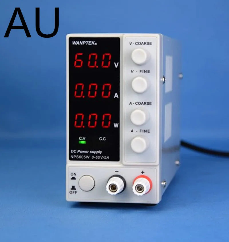 White adjustable benchtop DC power supply unit with digital displays for voltage and current.