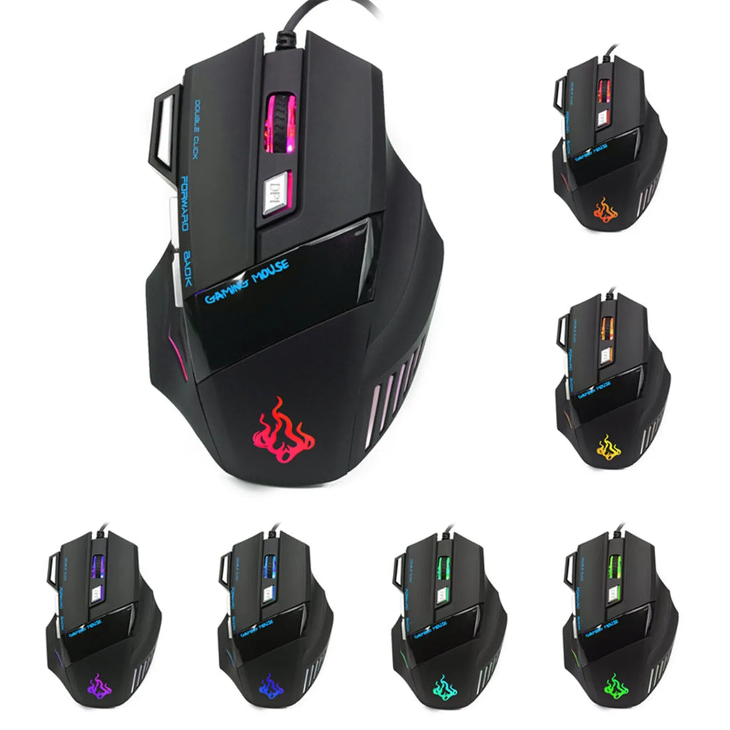Glow wired optical gaming mouse with seven buttons and colourful LED lighting in black