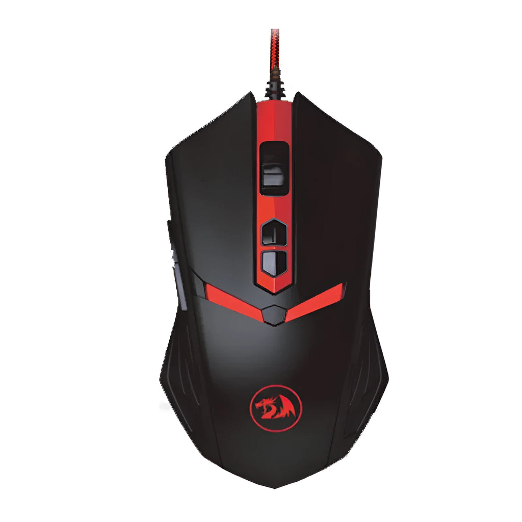 Black and red wired USB optical gaming mouse with six buttons and ergonomic shape