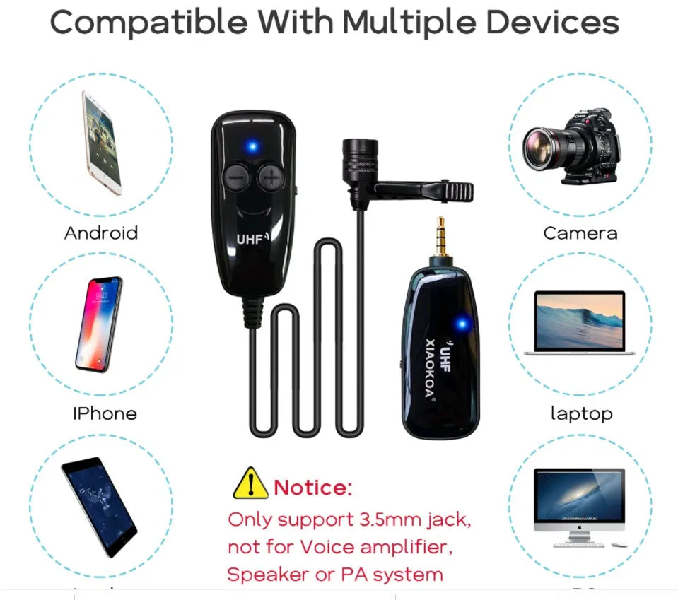 Black lavalier lapel microphone with 3.5mm plug for mobile phones on a clip.