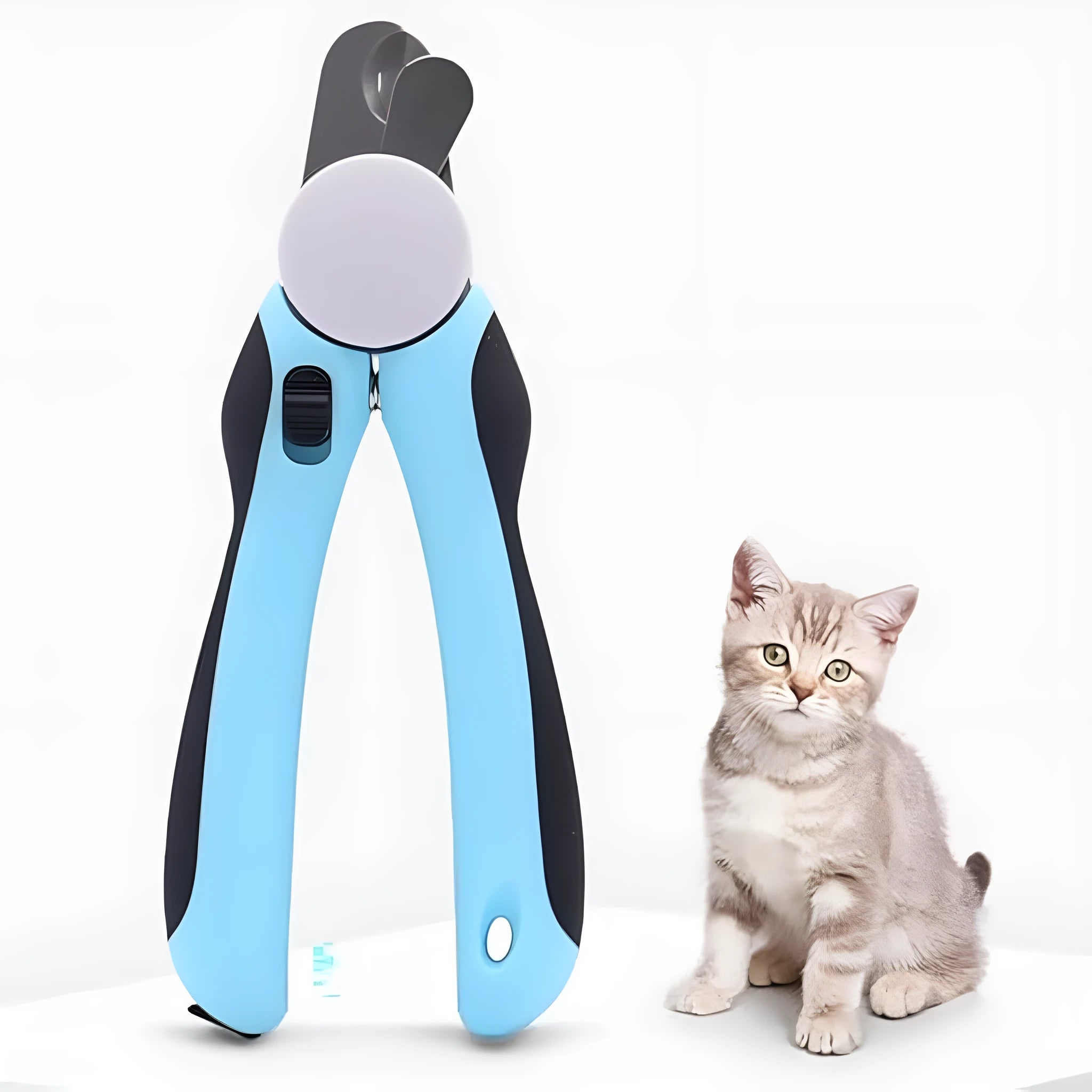 Blue heavy-duty dog nail clippers with safety guard for large breeds, shown with size scale.