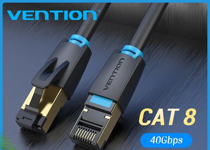 CAT8 flat and round Ethernet network cables with RJ45 connectors in various lengths from 0.5 to 10 metres.