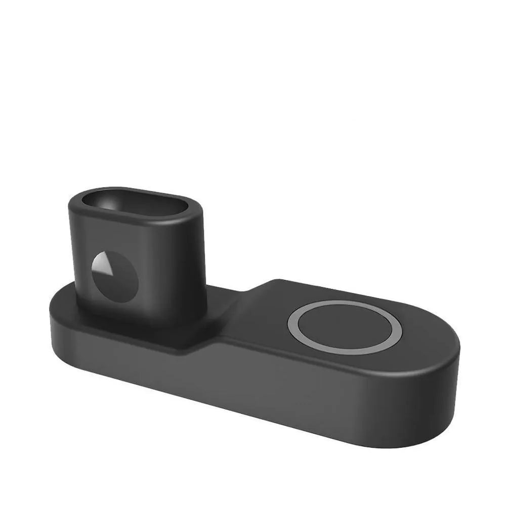 Black and white W3 three-in-one wireless charging station for Apple iPhone, Watch, and AirPods on a desk