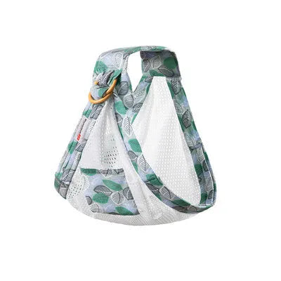 Baby wrap carrier sling in blue-green cotton mesh fabric, adjustable for newborn to 36 months, 50kg capacity