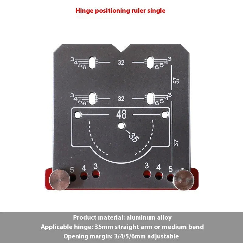 Red aluminium alloy hinge punch locator tool with adjustable margin settings for 35mm cabinet hinges