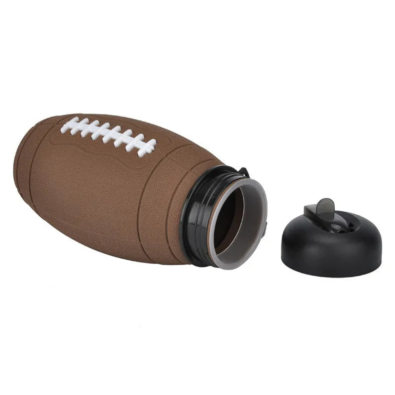 Brown collapsible sports water bottle in rugby ball shape with 600ml capacity and non-slip silicone grip