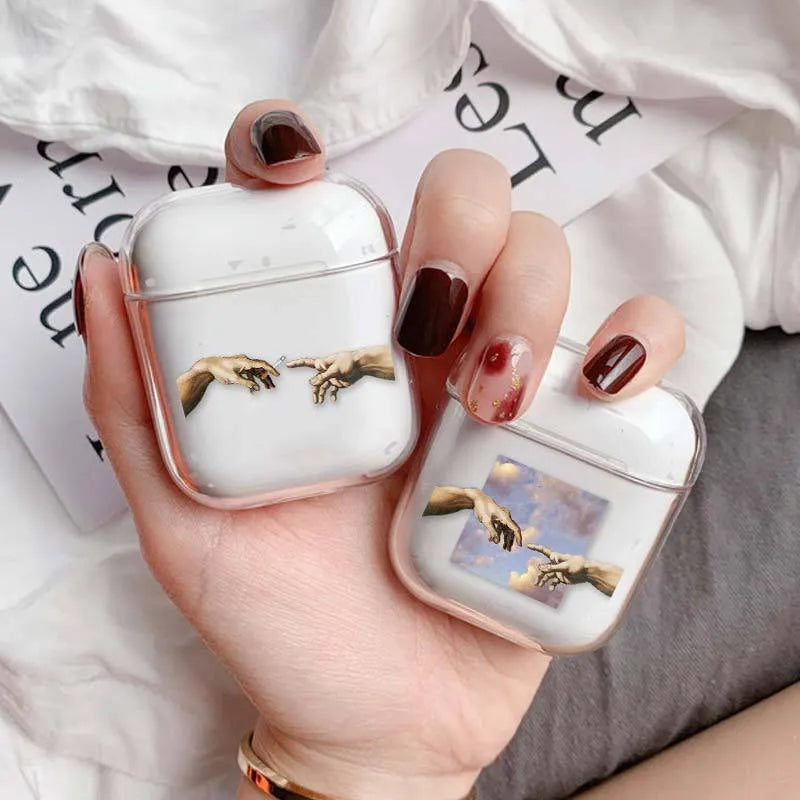 Transparent plastic AirPods protective cover showing colour style variations