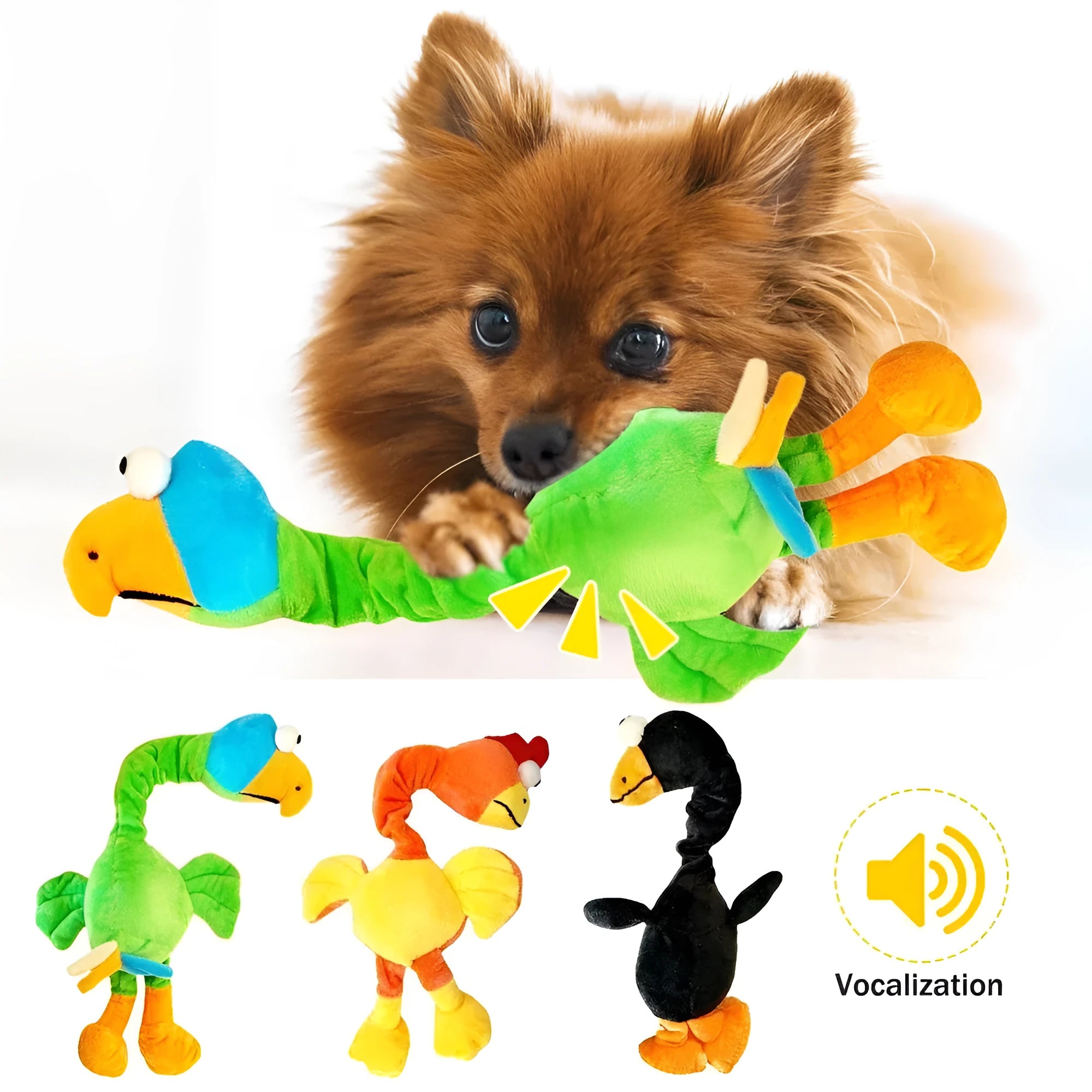 Screaming chicken sound dog chew toy in bite-resistant rubber, black green orange colours