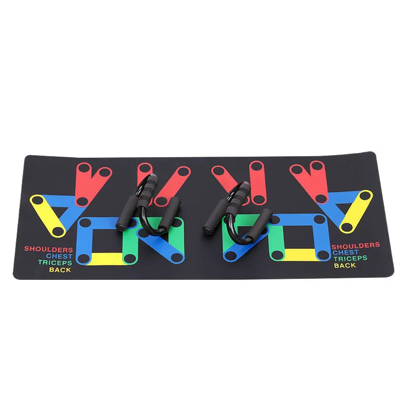 9 in 1 push up rack training board with colour-coded chest, shoulders, back, and triceps zones, leather mat, and two foam handbars