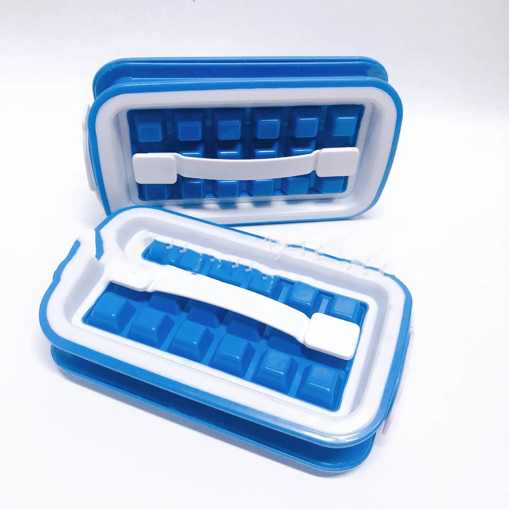 Blue silicone ice cube tray with 36 grid mould and lid on a white surface