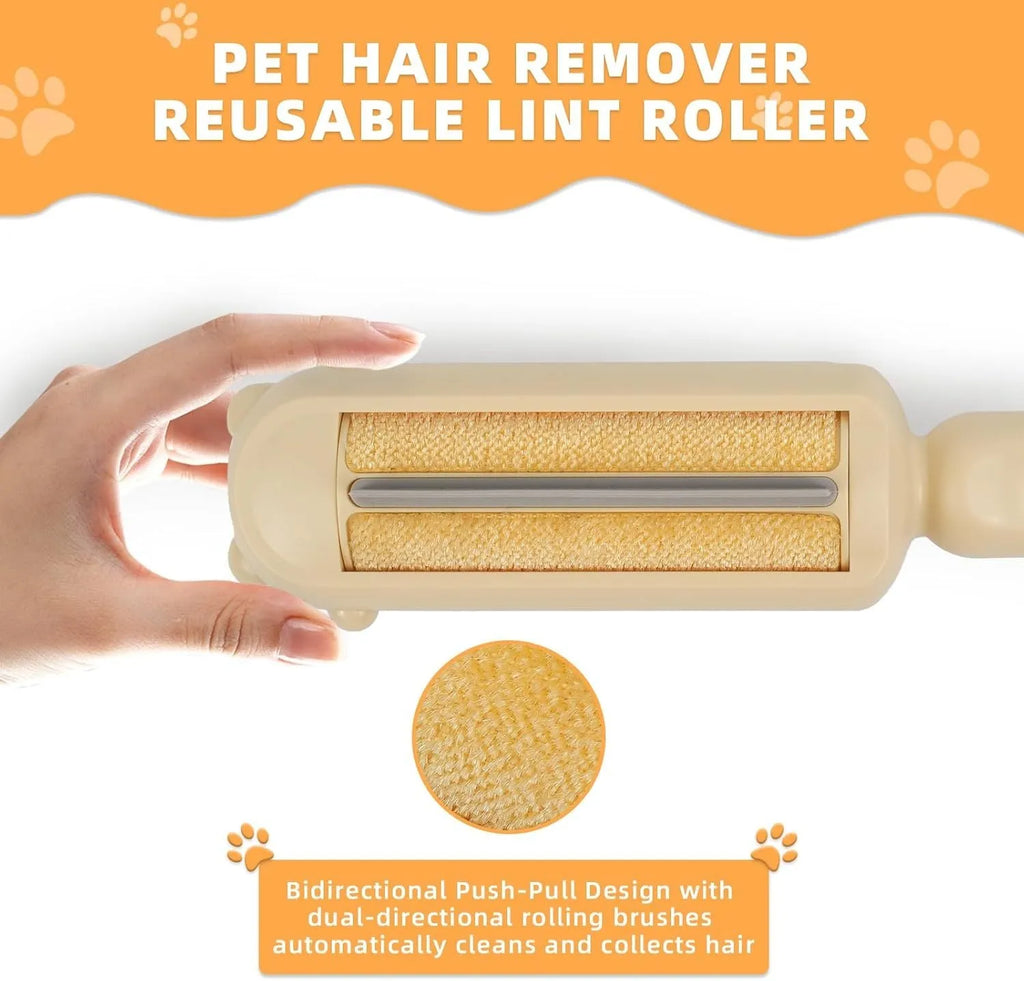 Blue reusable pet hair remover roller with self-cleaning base for furniture and car seats.