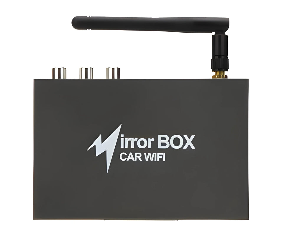 Black car mirror link box Wi-Fi converter with antenna, power cable and AV cable for streaming phone to car screen.