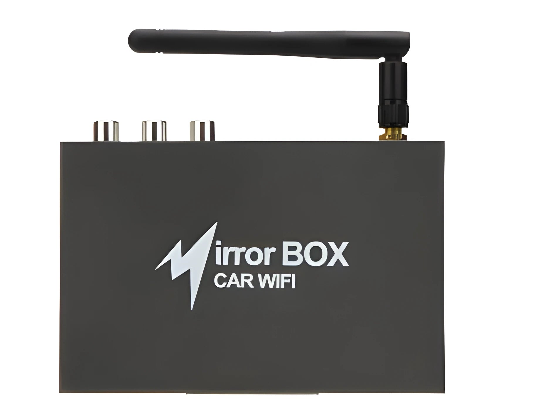Black car mirror link box Wi-Fi converter with antenna, power cable and AV cable for streaming phone to car screen.