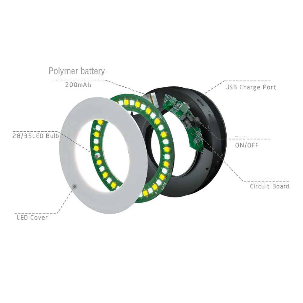 Compact black selfie ring light for mobile phone with USB cable for charging.