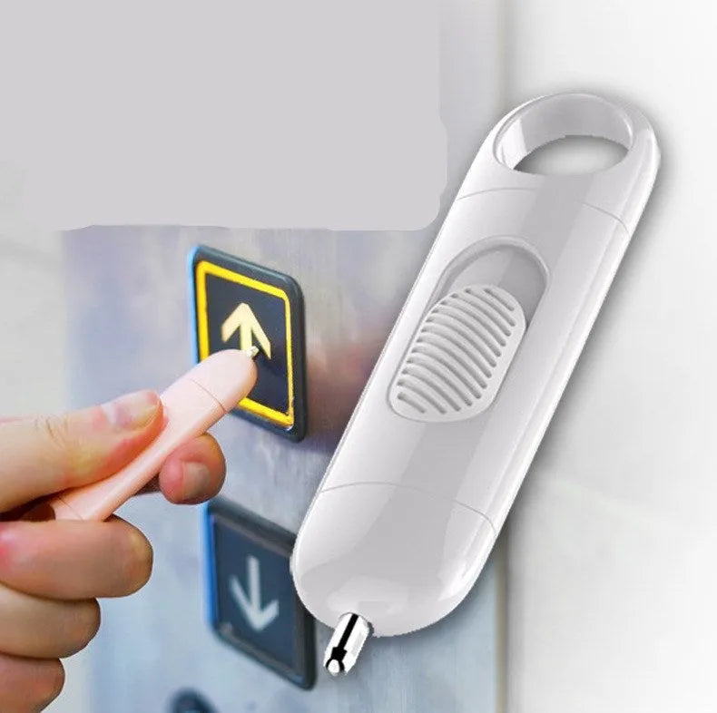 Contactless keypad tool with metal silver tip on pink body for pressing public buttons without touching