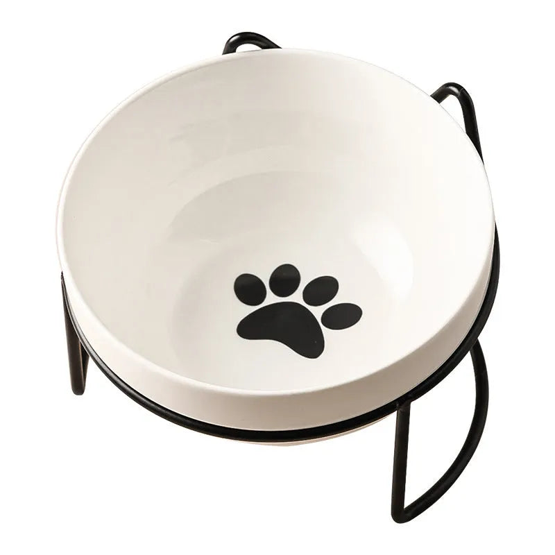 Ceramic cat bowl with iron frame in cat paw or fishbone print