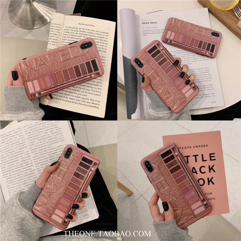 Silicone phone case with eye shadow pattern for iPhone, shown in Flesh and Grey colours