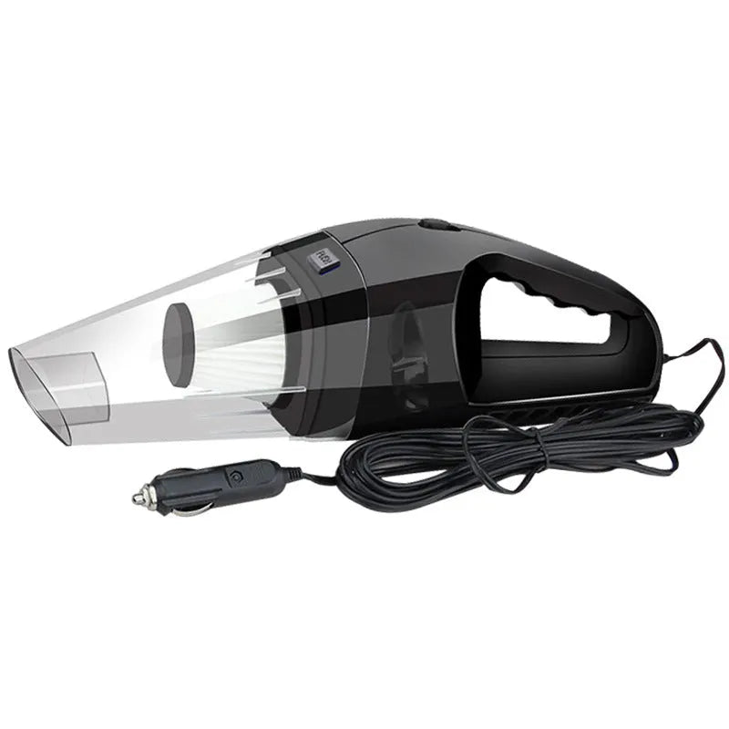 Orange handheld car vacuum cleaner with nozzle, 12V plug and cord for interior cleaning.