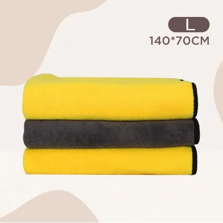 Dog absorbent bath towel in three sizes made from grey microfiber material