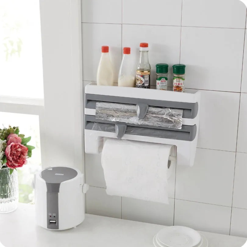 Multifunction wall-mount cling film storage rack with cutter and paper towel holder in a modern kitchen