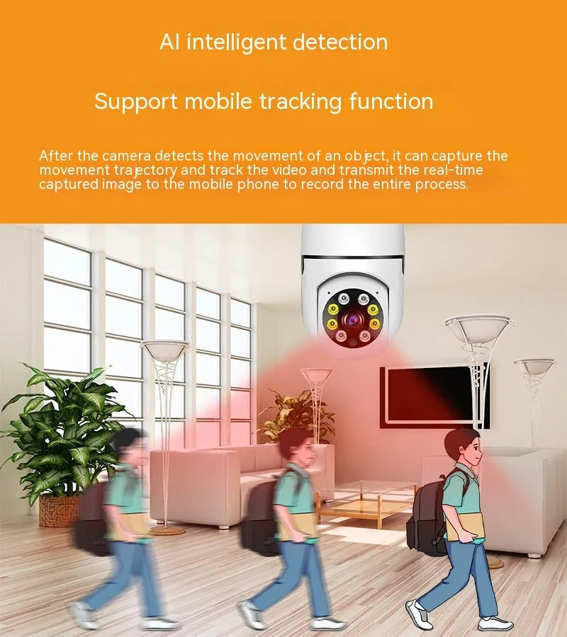 Wireless bulb camera with plastic and metal housing measuring 5cm by 12cm for indoor and outdoor monitoring