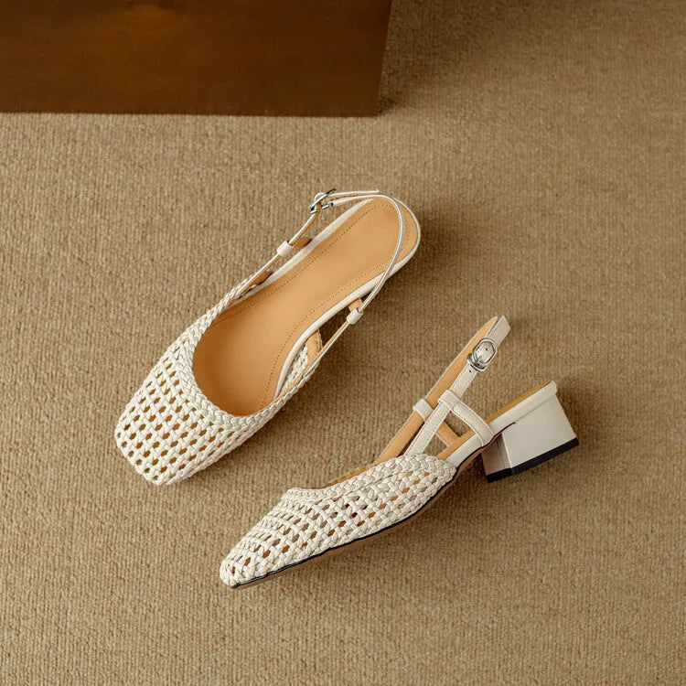 Women's woven hollow-out sandals with 4cm chunky heel and adjustable buckle strap