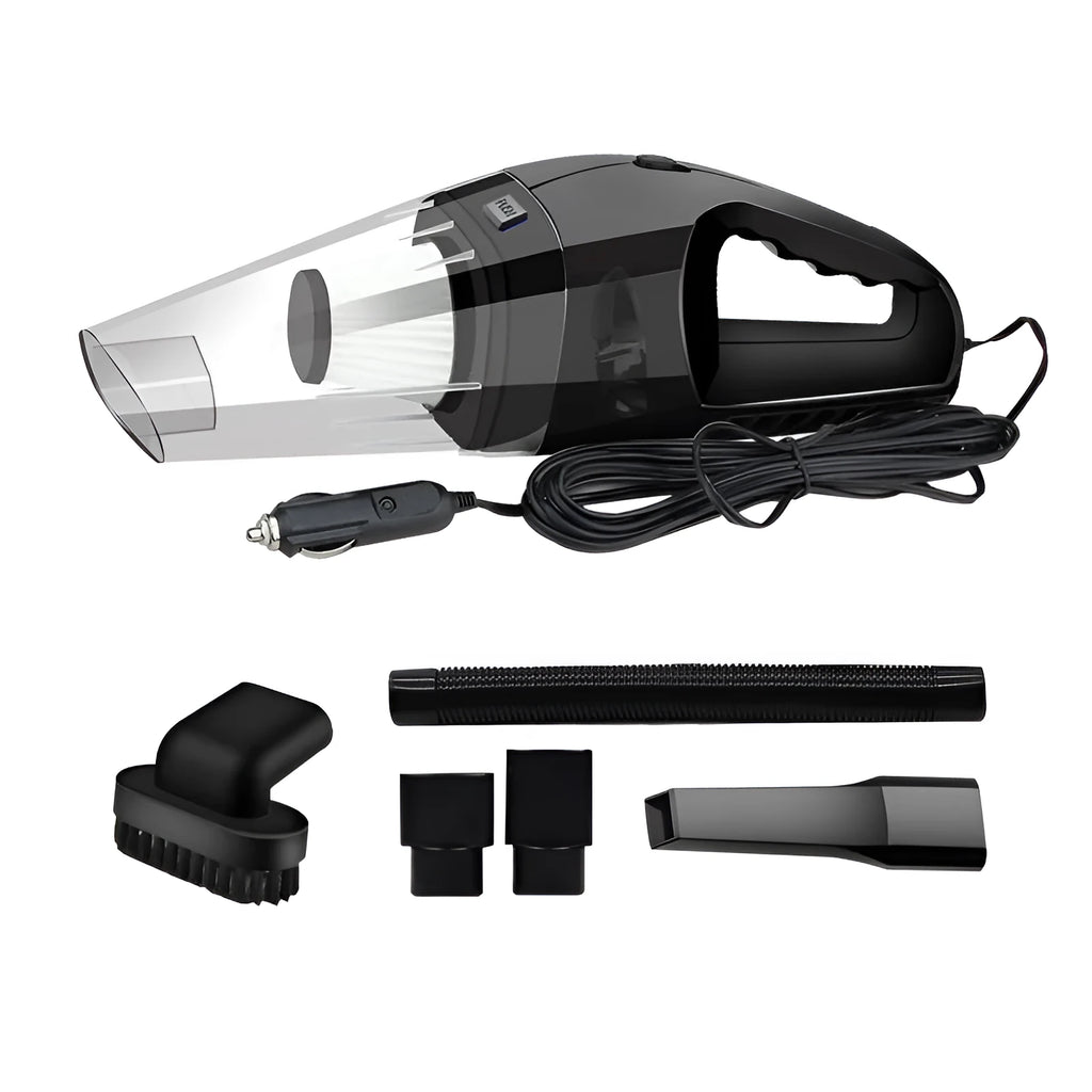 Orange handheld car vacuum cleaner with nozzle, 12V plug and cord for interior cleaning.