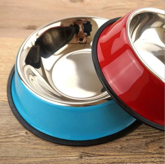 Dual-part stainless steel and melamine pet bowl with non-slip silicone base in assorted colours
