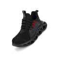 Men's anti-puncture safety sneakers with steel toe, lace up, black, breathable fly woven upper and EVA sole