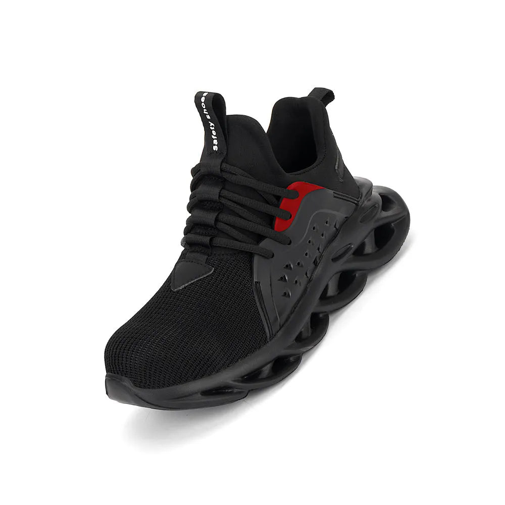 Men's anti-puncture safety sneakers with steel toe, lace up, black, breathable fly woven upper and EVA sole